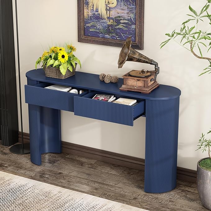 kevinplus 54'' Wood Console Table Sofa Table with 2 Drawer Storage for Entryway, Modern Elegant Fluted Design & Curved Edge, Easy Assemble, Blue