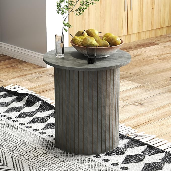 Round Side Coffee Table with Fluted Design Modern Wooden Accent End Table for Living Room, Bedroom, Office Small Nightstand(Grey)