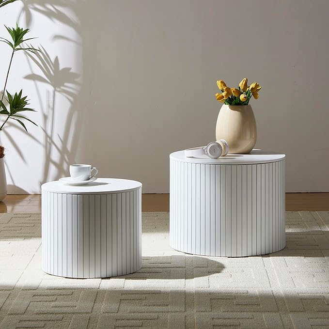 19.17" Nesting Coffee Table with Storage, Wooden Coffee Tables Set of 2, Circle Side Table for Small Spaces, Accent End Table for Living Room, Apartment, Office, Dorm.(White)