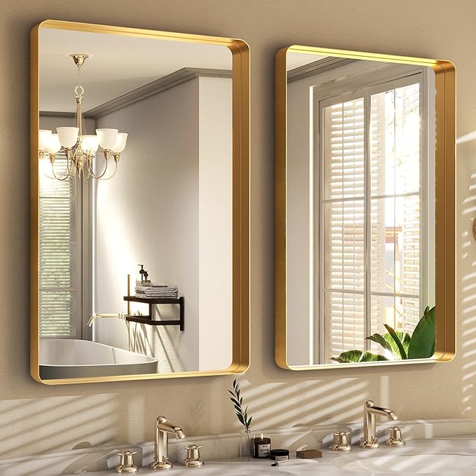 36 x 24 Inch Gold Bathroom Mirror for Wall,Aluminum Alloy Frame Rectangular Wall Mounted Mirror for Farmhouse Decor Horizontal or Vertical Ideal for Bedroom, Living Room