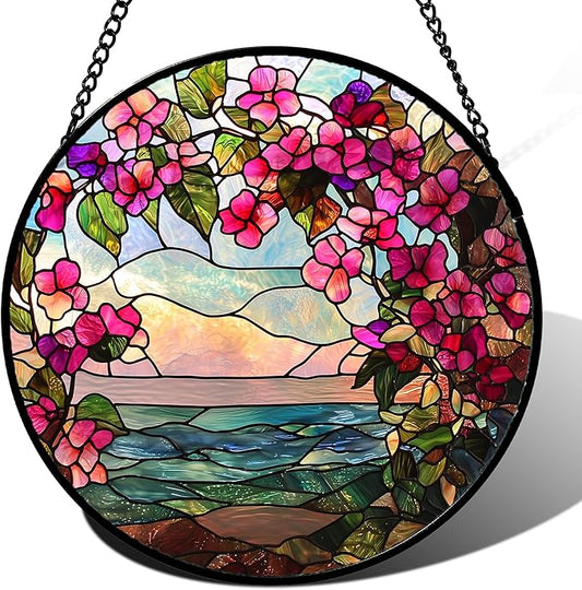Stained Glass Window Hanging, Purple Flower Landscape Wreath Sun Catcher for Door Home Decor Plants Suncatcher Christmas Mother's Day Birthday Gifts for Women Men Mom Nana 15 in