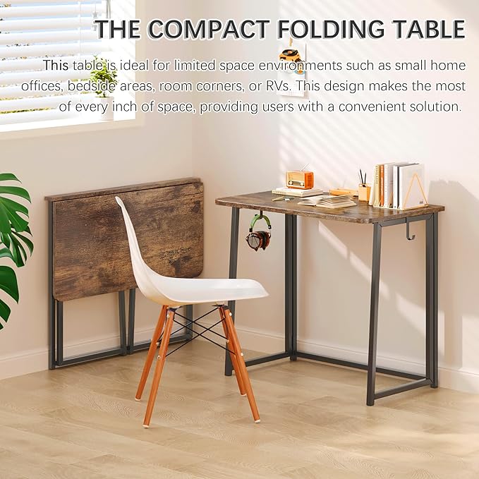 4NM 31.5" Small Folding Desk, Foldable Computer Home Office Desk, Study Writing Table for Small Space Saving Bedroom, Easy Assembly - Rustic Brown and Black