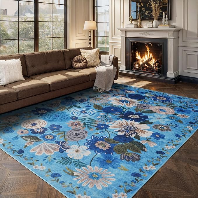 Living Room Rugs, Area Rugs 5x8 Rug for Bedroom Ultra-Thin Soft, Non-Slip Washable Rugs Stain Resistant Boho Rug Low-Pile Throw Rug for ‎Dining Room Office (5 x 8, Blue Lawn)