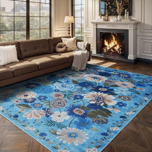 Living Room Rugs, Area Rugs 5x8 Rug for Bedroom Ultra-Thin Soft, Non-Slip Washable Rugs Stain Resistant Boho Rug Low-Pile Throw Rug for ‎Dining Room Office (5 x 8, Blue Lawn)