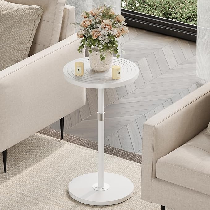 Round Side Table, Small Drink Table for Small Spaces, Adjustable-Height Pedestal Martini Table, Weighted Base Cocktail Stand for Living Room, Bedroom, Bathroom, Nursery, Office, White