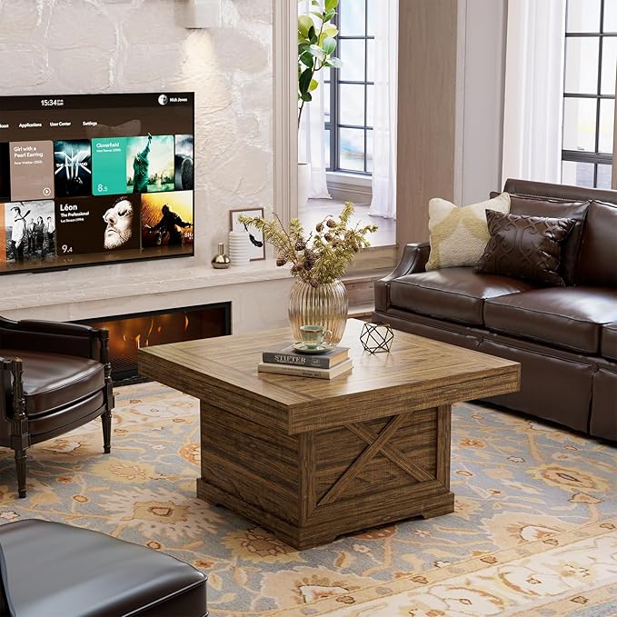 Coffee Table 31.5 in Rustic Center Table with X Design Wooden Pedestal for Living Room, Small Square Home Office Tea Accent Table for Dining Room Apartment, Walnut