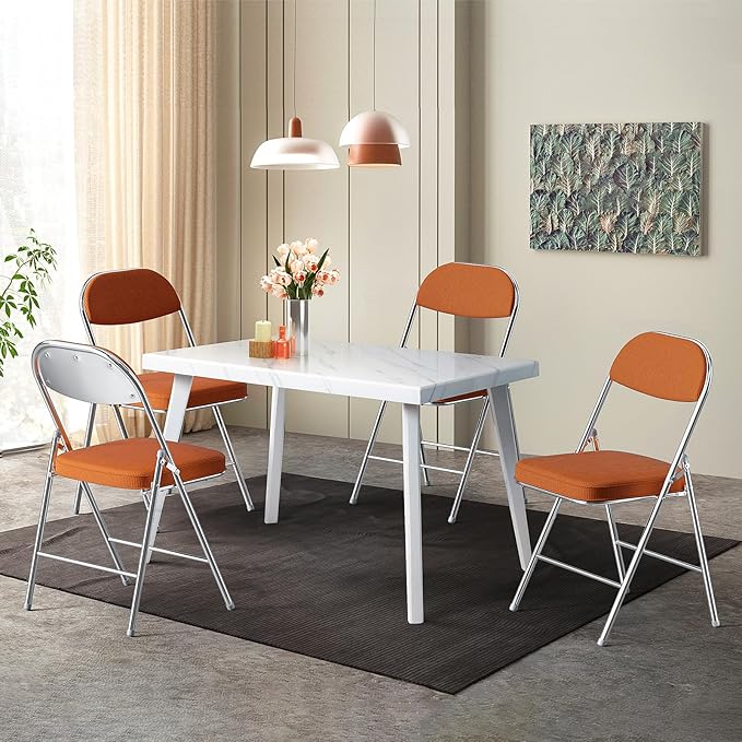 VINGLI 6 Pack Folding Chairs with Padded Seat & Backrest, Metal Frame, Durable Corduroy Fabric, 350 lbs Capacity, Set of 6, Orange – Ideal for Weddings, Parties, Office Events