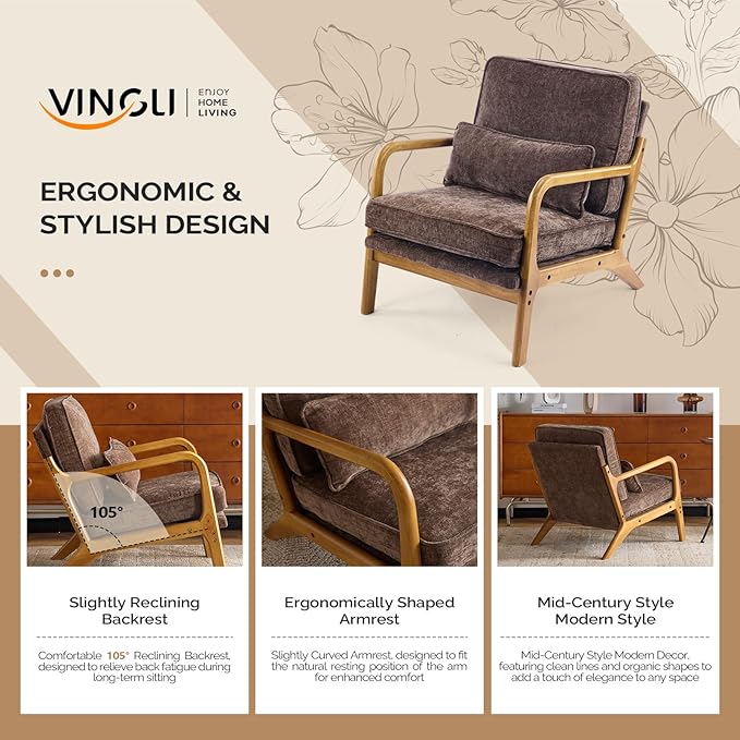 VINGLI Chenille Mid-Century Modern Accent Chair Set of 2, Cute Reading Arm Chair with Cushion & Lumbar Pillow & Solid Wood Frame for Lounge, Living Room, Reading Room, Bedroom, Espresso