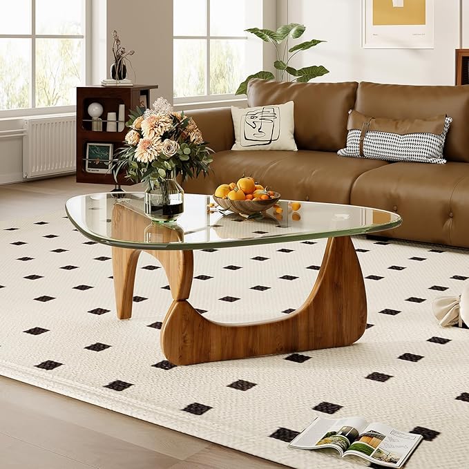 Coffee Table for Living Room Mid Century Modern Center Table with Glass Top and Wood, Transparent/Walnut