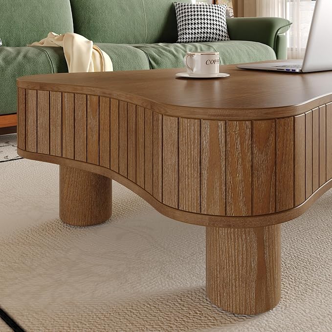 42.5" Lift Top Fluted Coffee Table with Hidden Storage Compartment, Modern Cloud-Shaped Wooden Center Table Cocktail Tea Table with Curved Safety Corners and Adjustable Height, Walnut