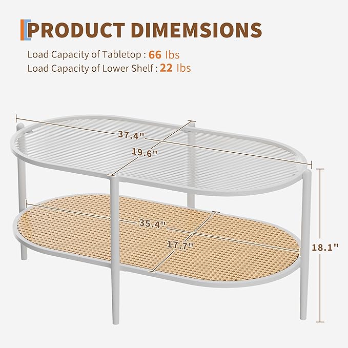 Boho Rattan Coffee Table with Glass Top, 2-Tier Oval Center Table with Metal Frame & Storage Shelf, Rustic Farmhouse Living Room Accent Tea Table for Apartment, Bedroom, Office White