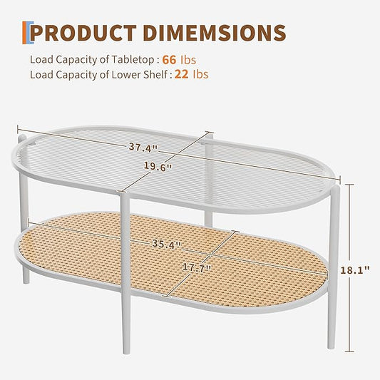 Boho Rattan Coffee Table with Glass Top, 2-Tier Oval Center Table with Metal Frame & Storage Shelf, Rustic Farmhouse Living Room Accent Tea Table for Apartment, Bedroom, Office White