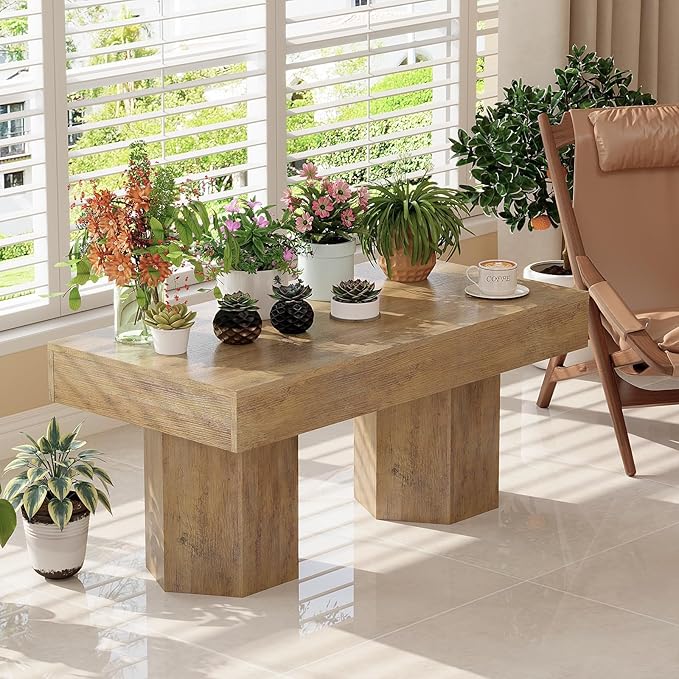 GiftGo Coffee Table Mid Century Modern Center Living Room Table Farmhouse Wooden Rectangle Cocktail Tea Table for Office (Light Brown, L-39.37)