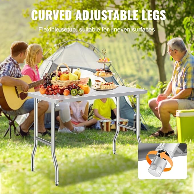 VEVOR Commercial Worktable Workstation 48 x 24 Inch Folding Commercial Prep Table, Heavy-duty Stainless Steel Folding Table with 661 lbs Load, Kitchen Work Table, Silver Stainless Steel Kitchen Island