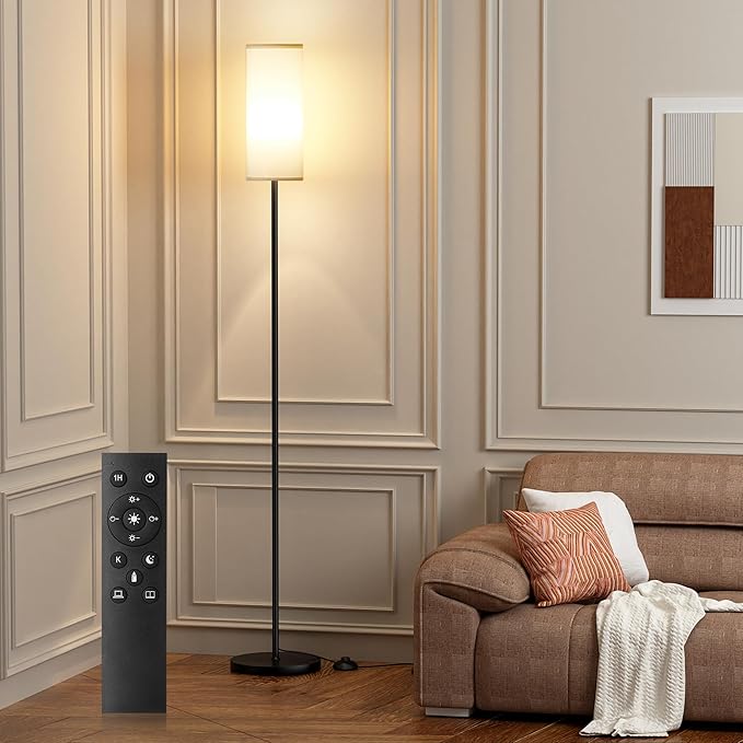 Ambimall 66'' Floor Lamps for Living Room with Remote Control and Stepless Dimmable Colors Temperature & Brightness, 9W Bulb Included(White Lampshade & Black Pole)