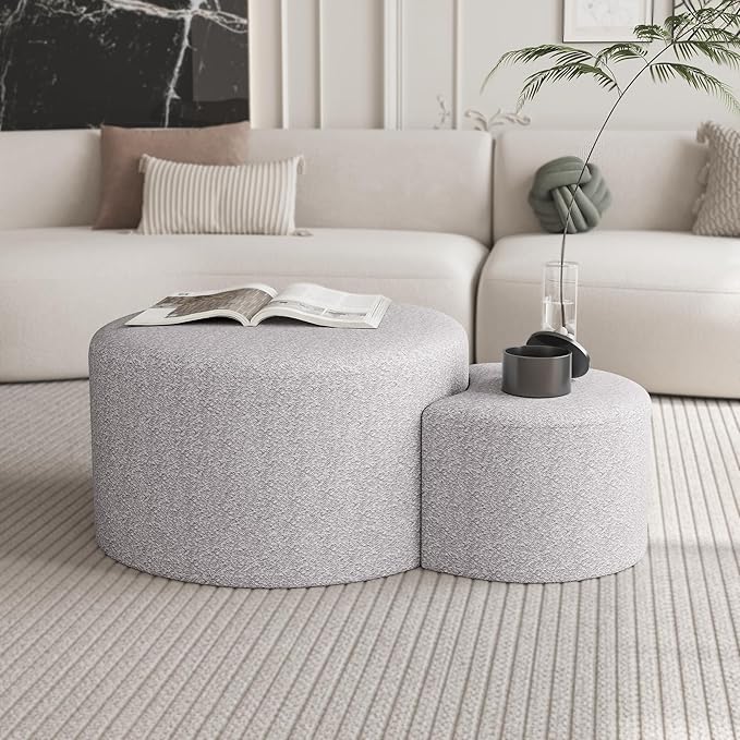 WILLIAMSPACE Upholstered Nesting Coffee Table Set of 2, Round Fabric Coffee Tables, Modern Side Tables Accent End Table Footrest Ottoman for Living Room Apartment (Beige Fabric)