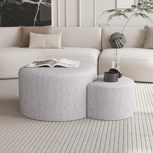 WILLIAMSPACE Upholstered Nesting Coffee Table Set of 2, Round Fabric Coffee Tables, Modern Side Tables Accent End Table Footrest Ottoman for Living Room Apartment (Beige Fabric)