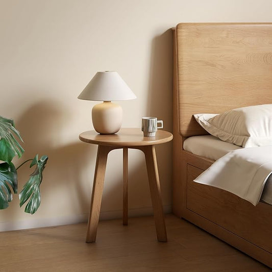 100% Solid Oak Round Side Table Set of 2, Small Bedside Table for Small Spaces, Living Room End Table with Stable Frame, Modern Nightstand for Bedroom Couch(Natural, 17.71" D x 19.68" H)