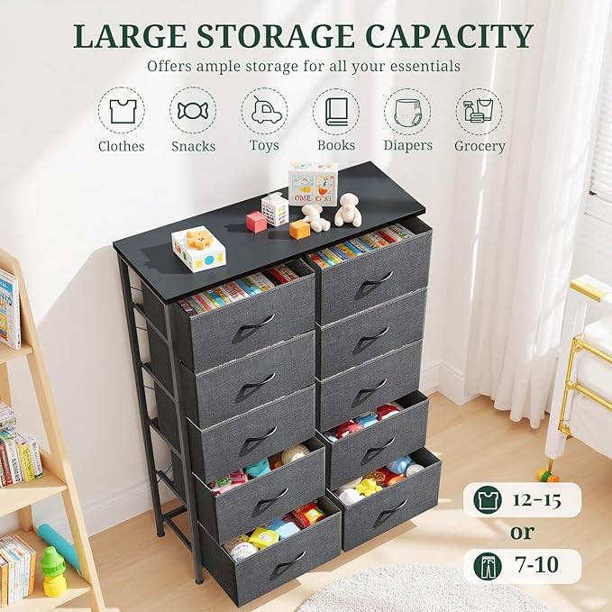10-Drawer Dresser for Bedroom, Anti-Tip Tall Storage Organizer Chest of Drawers with Wooden Top and Metal Frame Fabric Bins for Closet, Living Room, Hallway, Entryway, Gray