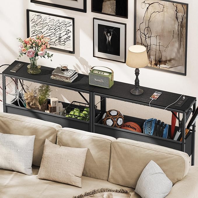 Skinny Console Table with Charging Station and Storage Basket, 31.5'' Couch Table Behind Sofa, Small Entryway Table, Narrow Sofa Table for Hallway, Foyer, Living Room, Black