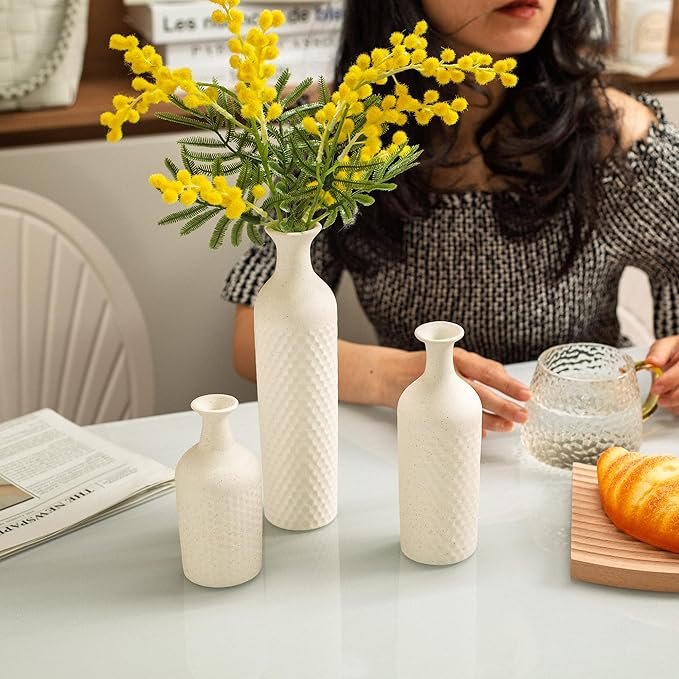 Small White Vases for Home Decor, Decorative Ceramic Vase Set, Matte Finish Honeycomb Texture, Modern Farmhouse Vases for Coffee Table, Bookshelf, Kitchen, Bathroom, Office Desk Decor