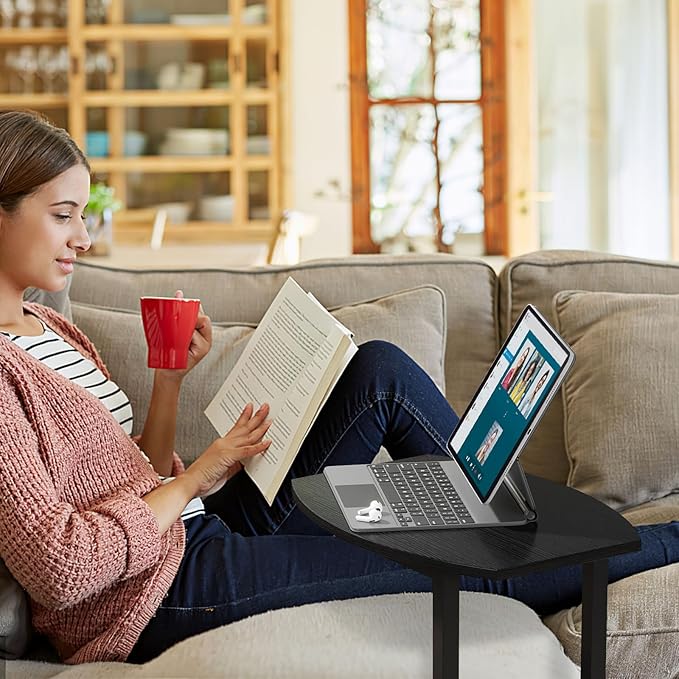 Hosfais Small Side Table End Table, C Shaped Barrel Coffee Table with Metal Frame, Wooden TV Tray for Living Room, Bedroom, Couch, Small Spaces (Black)
