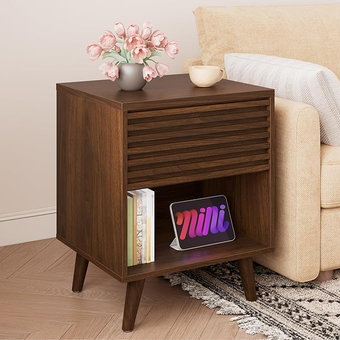 Alohappy Mid Century Modern Nightstand, Fluted Night Stand, Wood Bedside Table with Drawer and Cube Storage for Bedroom, Side Accent End Table with Solid Wood Leg for Living Room, Brown, 1pc