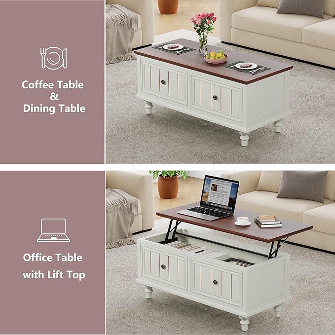 Lift Top Coffee Table for Hidden Compartment, 39" Wood Rectangular Center Table with Lift Tabletop, Sturdy Space-Saving Dining Table for Living Room Home Office Small Space (Beige)