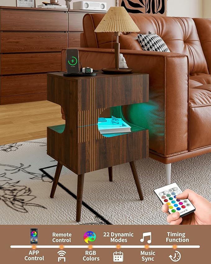 Nightstand with Charging Station and LED Lights,Modern Bedside Table with 2 Storage Drawer,Night Stand with Solid Wood Legs,White (Walnut Brown)