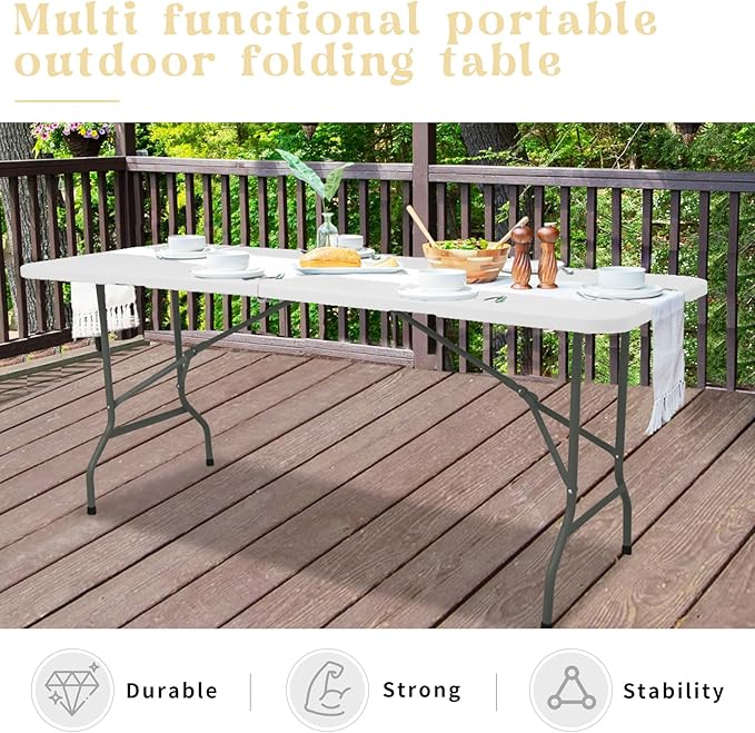 HAISIWLKJ Folding Table 8 FT Camping Table Portable Heavy Duty Plastic Rectangular Outdoor Dining Table Steel Legs Fold-in-Half with Carrying Handle for Indoor,Picnic,Party,Wedding,Events(White)