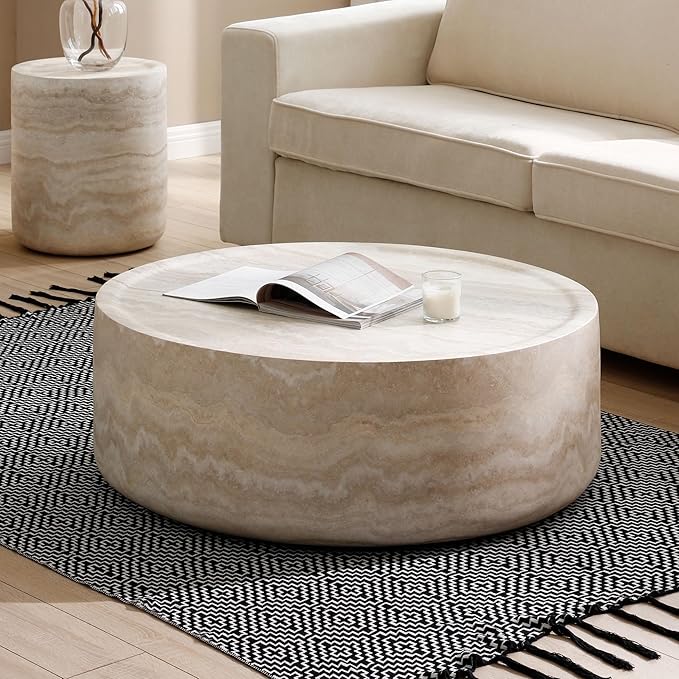 WILLIAMSPACE Round Coffee Table Set of 2, Modern Circle Drum Center Tables with Mars Pattern, Fiberglass Accent Side Table End Table Set for Living Room, No Need Assembly (35.43'' &15.74'')