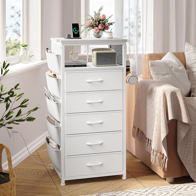 EnHomee Tall Night Stand with 5 Drawers, LED Nightstand with Ports & Outlets, White Dresser with Extra Side Bag & Storage Shelf & Hooks, Bedroom, Dorm, Closet