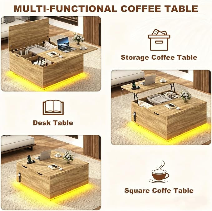 36" Lift Top Coffee Table with Storage, Wood Square Coffee Table with LED Lights and Charging Station, Multi-Function Living Room Center Table with Large Hidden Space, Oak