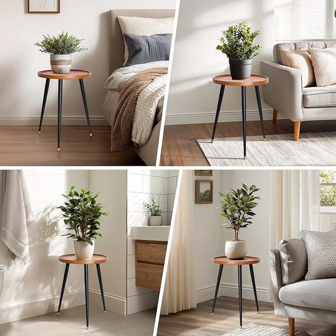 Plant Stand Indoor, Mid Century Wood Plant Table Plant Holder with Raised Design,Heavy Duty Metal Tall Flower Pot Stand, Modern Home Decor Small Round Side End Table(11.8"x16")