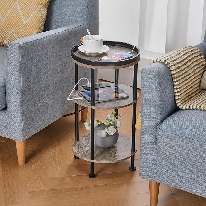 Small Round Side Table with Charging Station for Small Spaces, 3-Tier Accent Table with USB Ports & Power Outlets, Corner Tea Table Sofa Table for Living Room Nightstand Bedroom Apartment(USB,Oak)