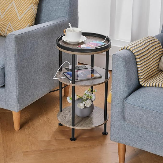 Small Round Side Table with Charging Station for Small Spaces, 3-Tier Accent Table with USB Ports & Power Outlets, Corner Tea Table Sofa Table for Living Room Nightstand Bedroom Apartment(USB,Oak)