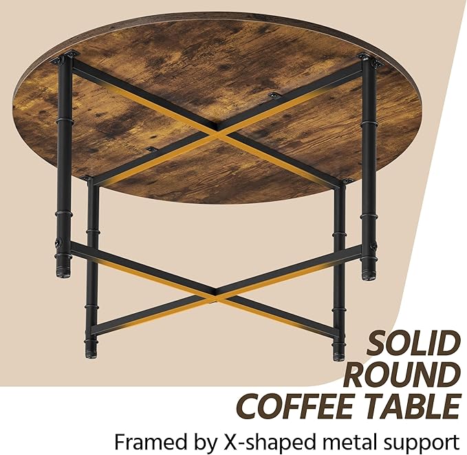 Yaheetech Round Coffee Table, Small Coffee Table for Living Room, Rustic Wood Circle Modern Center Table with Sturdy Metal Legs, Easy to Assemble, 35.5 x 18 Inches