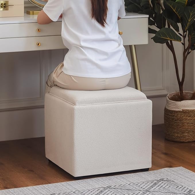 Adeco 17" Beige Square Storage Ottoman with Tray, Modern Cube Ottoman Coffee Table for Dorm, Bedroom (Beige with Tray)