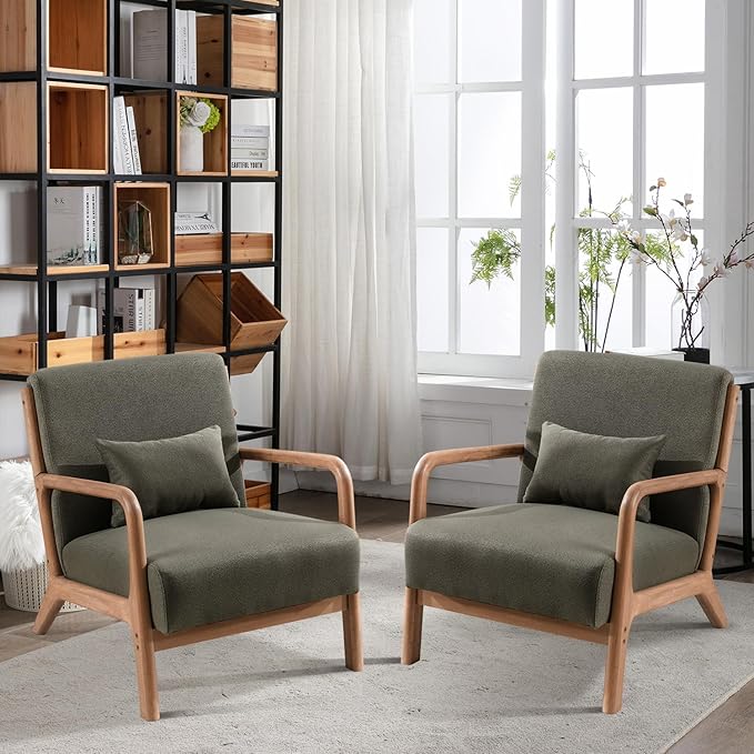 INZOY Mid-Century Modern Accent Chair Set of 2, Green Living Room Chairs with Waist Cushion, Upholstered Reading Armchair for Bedroom Sunroom
