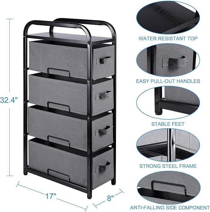 MAX Houser 4 Drawer Narrow Dresser Fabric Storage Tower Vertical Slim Storage Chest Organizer Nightstand Side/End Table Small Standing Organizer Removable Drawers Wood Top for Bedroom, Bathroom（Grey