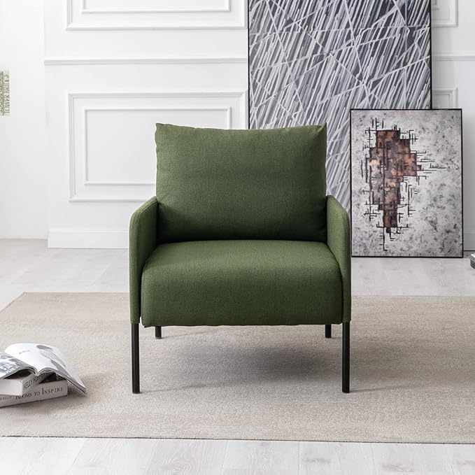 Linen Fabric Living Room Accent Chairs Bedroom Single Sofa Chair, Upholstered Reading Arm Chair Modern Couch w/Comfy Pillow for Waiting Room/Apartment/Dorm, Green