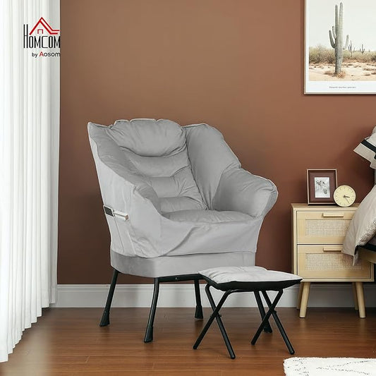 HOMCOM Modern Lazy Chair with Ottoman, Fabric Lounge Accent Chair, Leisure Sofa Armchair with Armrests, Side Pockets, Upholstered Reading Chair and Footstool Set for Living Room, Bedroom, Light Gray