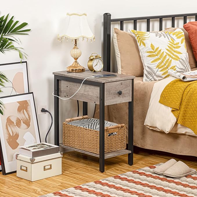 HOOBRO End Table with Charging Station, Narrow Side Table, Small Nightstand, Bedside Tables with Drawer and Storage Shelves, for Small Spaces, Living Room, Bedroom, Greige and Black BG041BZ01G1