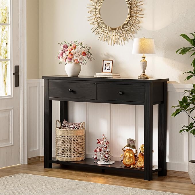 Homieasy Farmhouse Console Table with 2 Drawers, 32 Inch Small Sofa Table with Storage Shelf for Living Room, Behind Couch, Entryway Table for Hallway, Living Room, or Foyer, Black