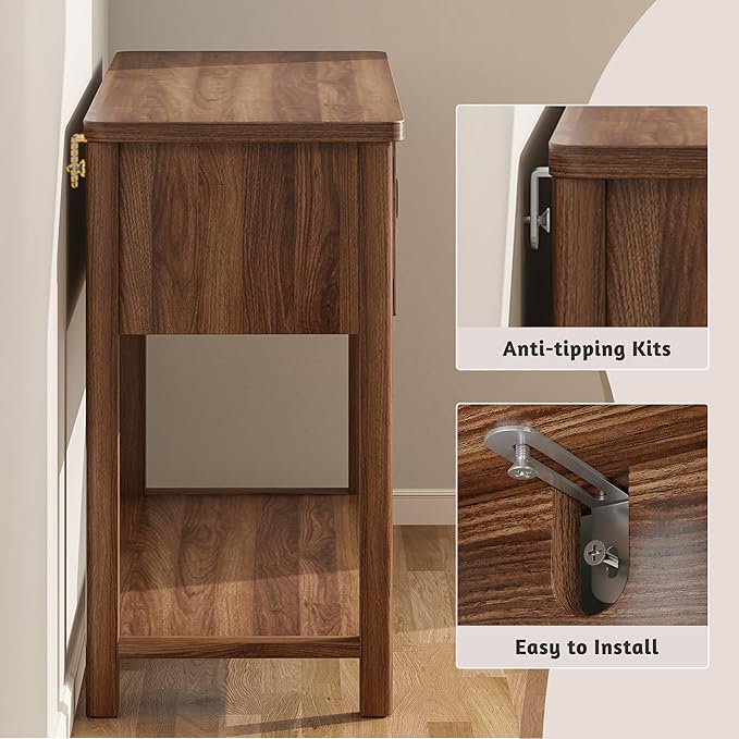 Fluted Console Table with 2 Door Cabinets, Modern Entryway Table with 3 Open Storage Shelves, Narrow Behind Couch Sofa Table for Living Room, Hallway, Foyer, 45.7" W×13.8" D×33.5" H, Walnut Brown