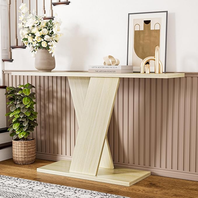 55-Inch Long Console Table, X-Shaped Wooden Sofa Table Behind The Couch, Farmhouse Entryway Table for Entrance, Hallway, Living Room, Natural