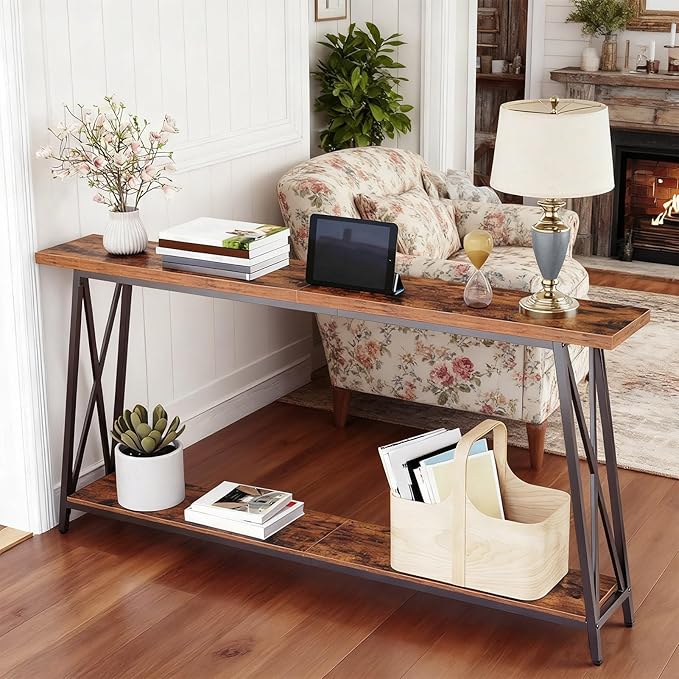 63" Solid Wood Entryway Table Narrow with Shelves, 2-Tier Storage Long Couch Table Behind Sofa Console Tables for Living Room, Entrance, Hallway, Foyer(Rustic Brown,59"x9.8"x31.5")