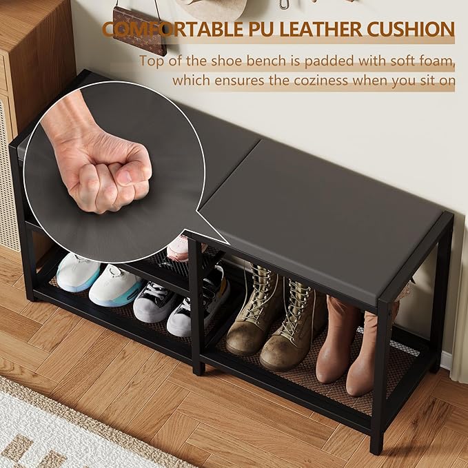 ZHOOGE Shoe Bench & Rack Storage Bench - Entryway Bench with Seat Cushion, Stable Organizer for Entryway & Living Room, Holds Up to 300 lb, (35" L x 12" W x 17" H, Black)