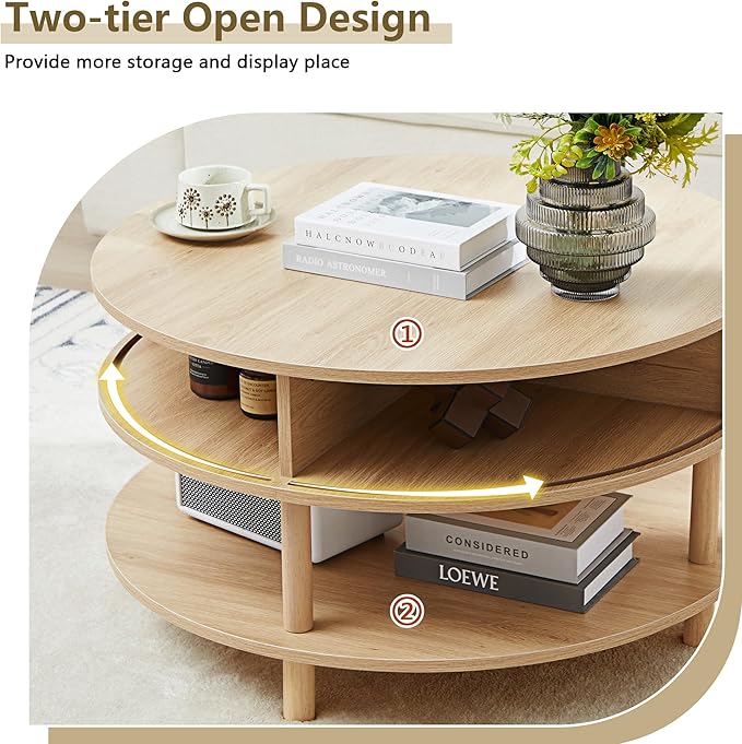 31.5” Round Coffee Table with Storage, Mid Century Modern 2 Tier Coffee Table with Tambour Sliding Door, Solid Wood Legs Fluted Center Table for Living Room Home Office Small Space, Natural