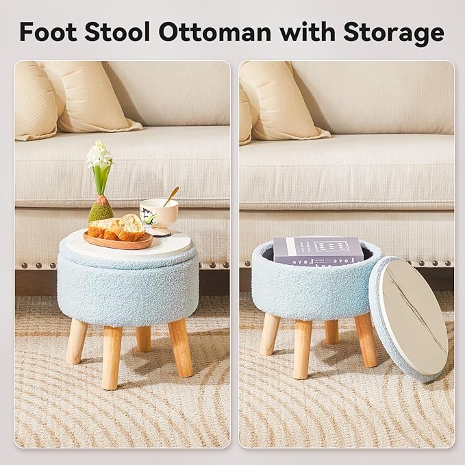 IBUYKE 13 Inch Foot Stool Ottoman with Storage, Round Small Foot Rest with Padded Seat and Wood Legs, Teddy Velvet Mini Footstool for Living Room Couch Bedroom Entryway, Gray-Blue WBD006H